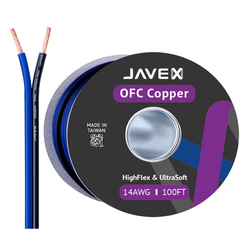 JAVEX 14-Gauge AWG Audio Speaker Wire Cable (100 FT), [OFC Oxygen-Free Copper] HighFlex Thin Flat Cable for Automotive Car Stereo Audio, HI-FI Stereo, Home Theater, Blue/Black - Image 1